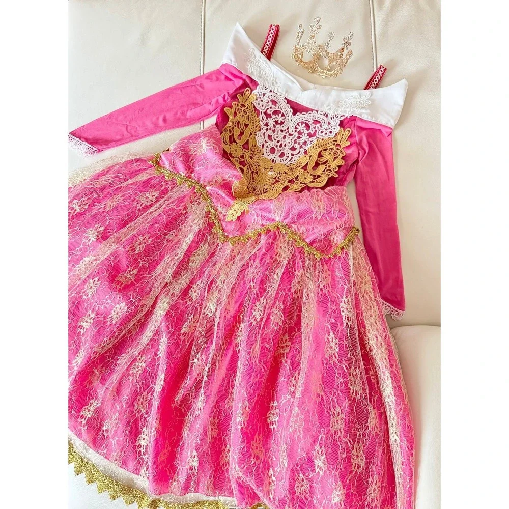 3T Kids Pink Gold Lace Princess Gown Costume Dress Long Sleeve size 100